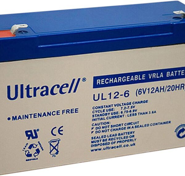 Ultracell UL12-6 - Rechargeable Battery, Lead-Acid, 6 V, 12 Ah, Blade Terminal, 4.8/6.3 mm