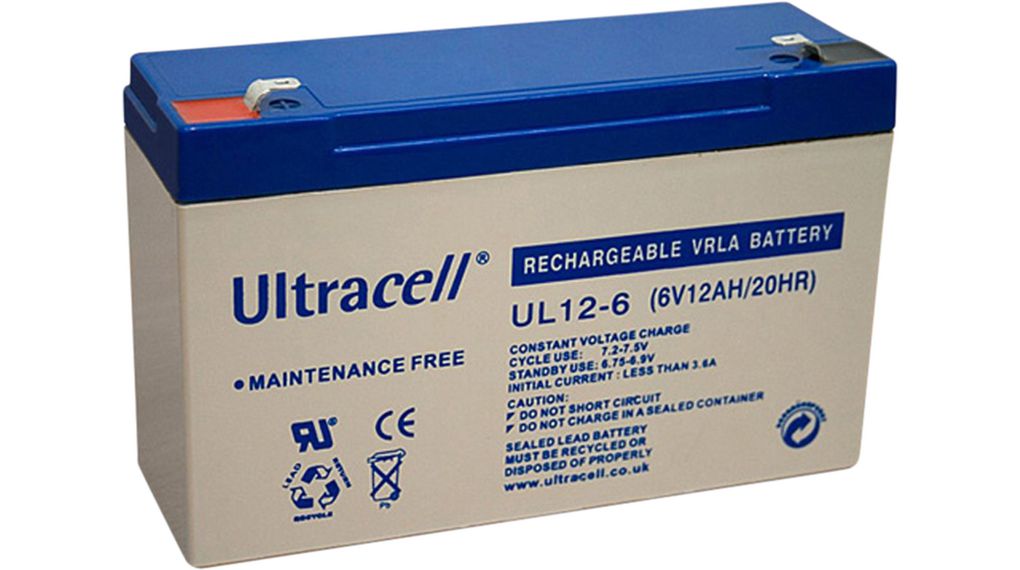 Ultracell UL12-6 - Rechargeable Battery, Lead-Acid, 6 V, 12 Ah, Blade Terminal, 4.8/6.3 mm