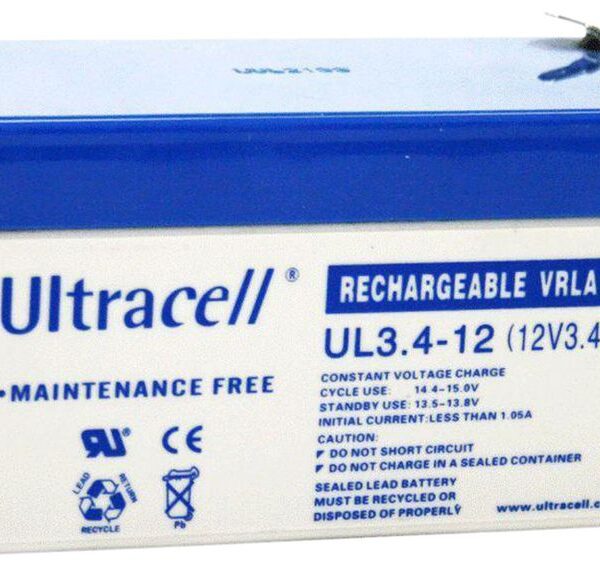 Ultracell UL3.4-12 - Rechargeable Battery, Lead-Acid, 12 V, 3.4 Ah, Blade Terminal, 4.8 mm