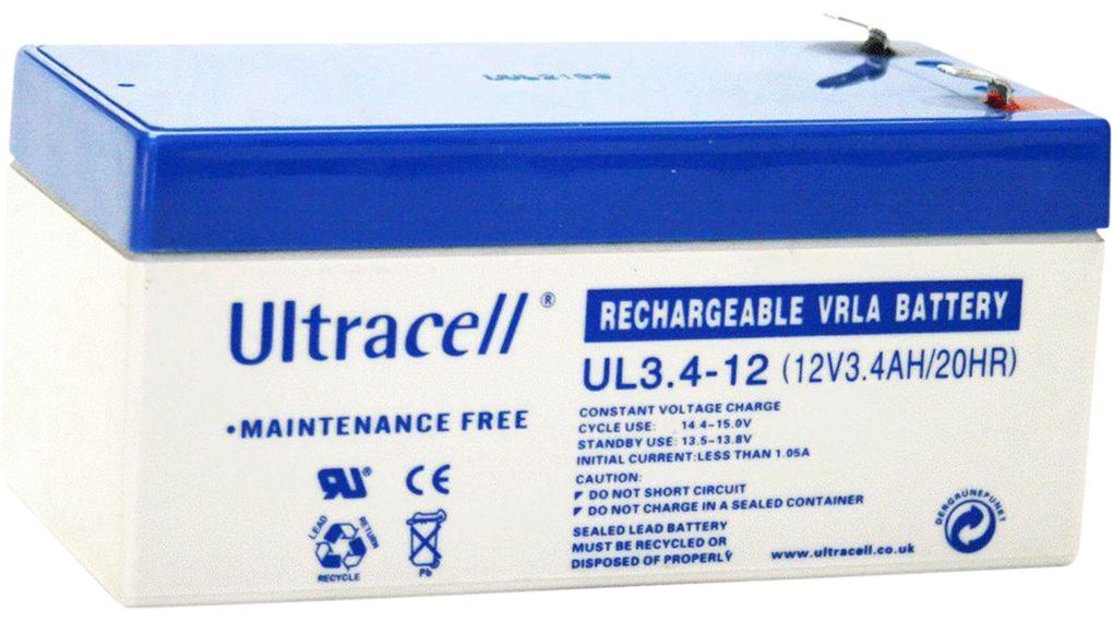 Ultracell UL3.4-12 - Rechargeable Battery, Lead-Acid, 12 V, 3.4 Ah, Blade Terminal, 4.8 mm