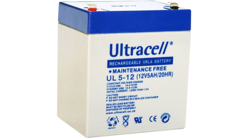 Ultracell UL5-12 - Rechargeable Battery, Lead-Acid, 12 V, 5 Ah, Blade Terminal, 4.8/6.3 mm