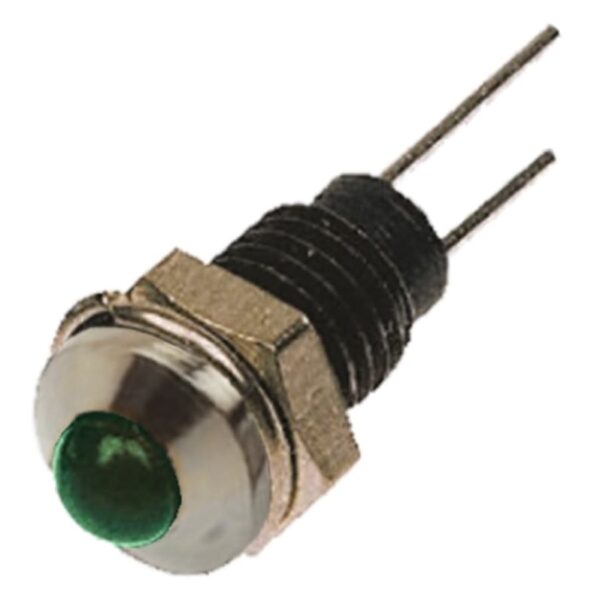 Bulgin Green Panel Mount Indicator, 2.1V, 6.1mm Mounting Hole Size, Lead Wires Termination