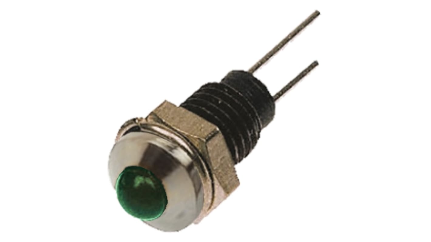 Bulgin Green Panel Mount Indicator, 2.1V, 6.1mm Mounting Hole Size, Lead Wires Termination