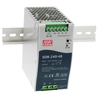 SDR-240-24 24V 10A AC-DC Industrial DIN rail power supply; Output 24Vdc at 10A; Metal casing; Ultra slim width 63mm