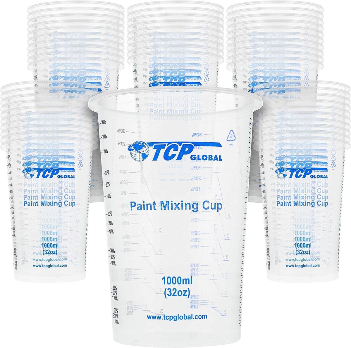 TCP Global 32 Ounce (1000ml) Disposable Flexible Clear Graduated Plastic Mixing Cups - Box of 50 Cups - Use for Paint, Resin, Epoxy, Art, Kitchen, Cooking, Baking - Measuring Ratios 2-1, 3-1, 4-1, ML