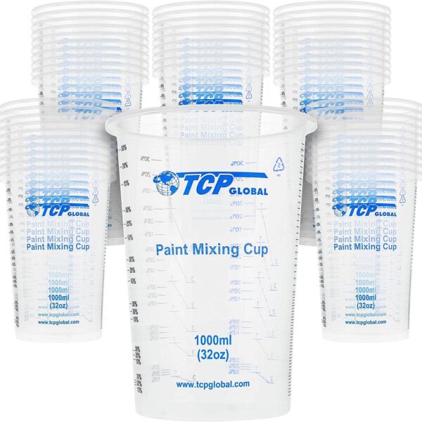 TCP Global 32 Ounce (1000ml) Disposable Flexible Clear Graduated Plastic Mixing Cups - Box of 50 Cups - Use for Paint, Resin, Epoxy, Art, Kitchen, Cooking, Baking - Measuring Ratios 2-1, 3-1, 4-1, ML