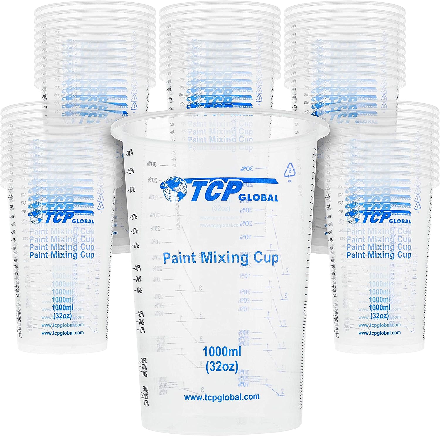 TCP Global 32 Ounce (1000ml) Disposable Flexible Clear Graduated Plastic Mixing Cups - Box of 50 Cups - Use for Paint, Resin, Epoxy, Art, Kitchen, Cooking, Baking - Measuring Ratios 2-1, 3-1, 4-1, ML