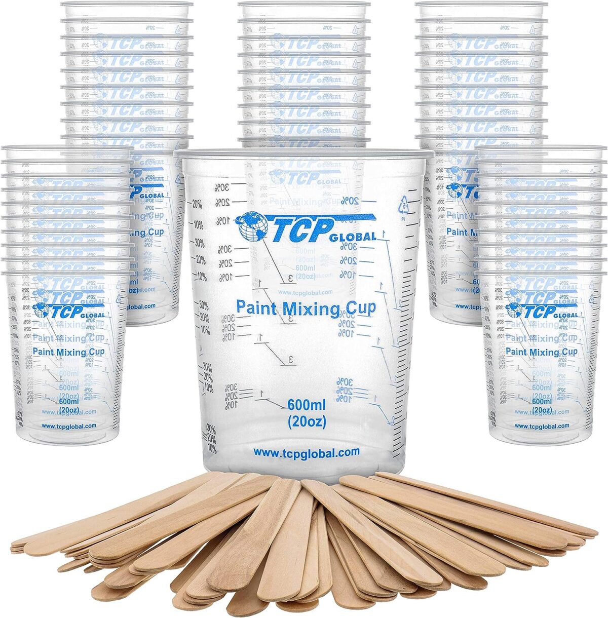 TCP Global 20 Ounce (600ml) Disposable Flexible Clear Graduated Plastic Mixing Cups - Box of 50 Cups & 50 Mixing Sticks - Use for Paint, Resin, Epoxy, Art, Kitchen - Measuring Ratios 2-1, 3-1, 4-1, ML