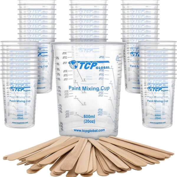 TCP Global 20 Ounce (600ml) Disposable Flexible Clear Graduated Plastic Mixing Cups - Box of 50 Cups & 50 Mixing Sticks - Use for Paint, Resin, Epoxy, Art, Kitchen - Measuring Ratios 2-1, 3-1, 4-1, ML