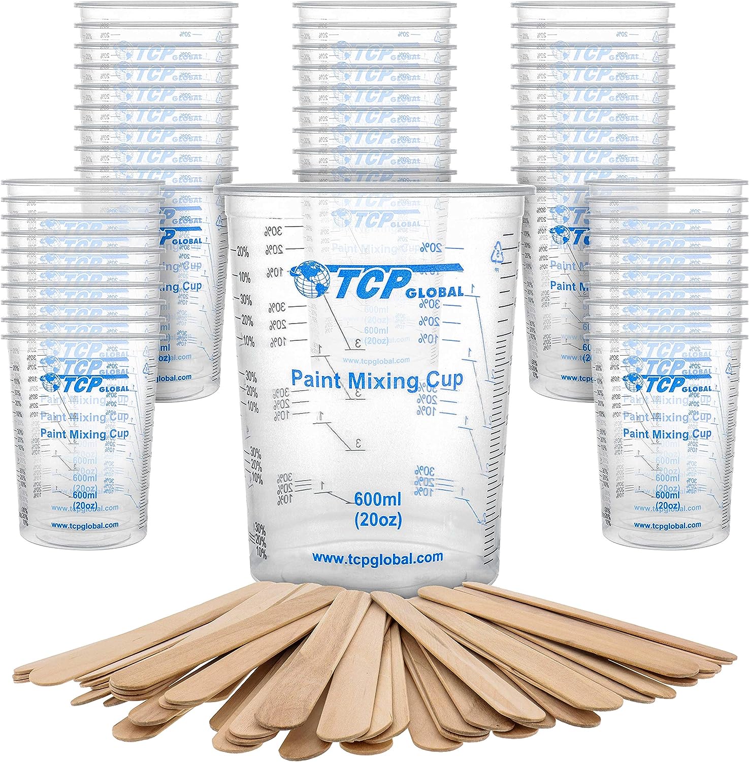 TCP Global 20 Ounce (600ml) Disposable Flexible Clear Graduated Plastic Mixing Cups - Box of 50 Cups & 50 Mixing Sticks - Use for Paint, Resin, Epoxy, Art, Kitchen - Measuring Ratios 2-1, 3-1, 4-1, ML