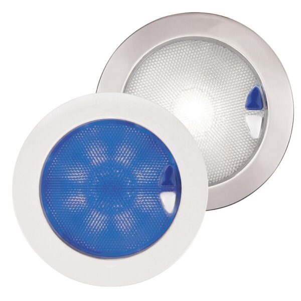 Warm white/blue euro LED 150 touch lamp multivolt 9-33VDC IP67. Polished stainless steel rim.