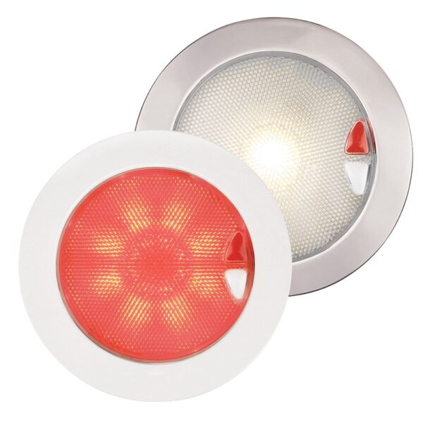 Warm white/red euro LED 150 touch lamp multivolt 9-33VDC IP67.Polished stainless steel rim.